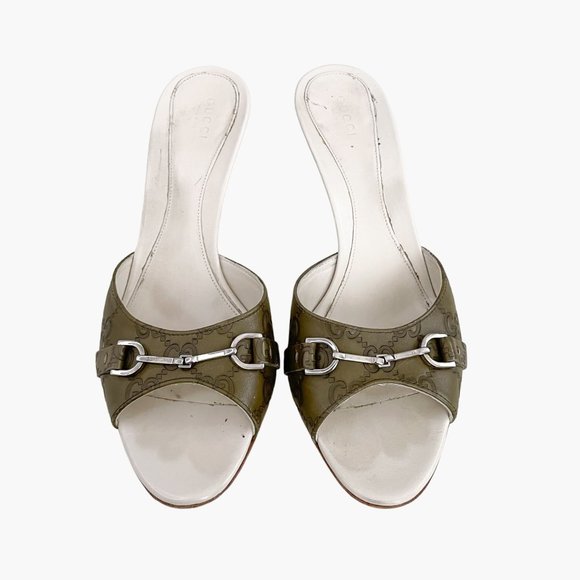 Gucci Horsebit Mules EU 39 US 9 Green GG Peep Toe Buckle High Heel Slide Sandals - Picture 2 of 12